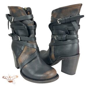 Freebird Baker Women’s 5 Ankle Boots Black Distressed Leather Buckle Heel